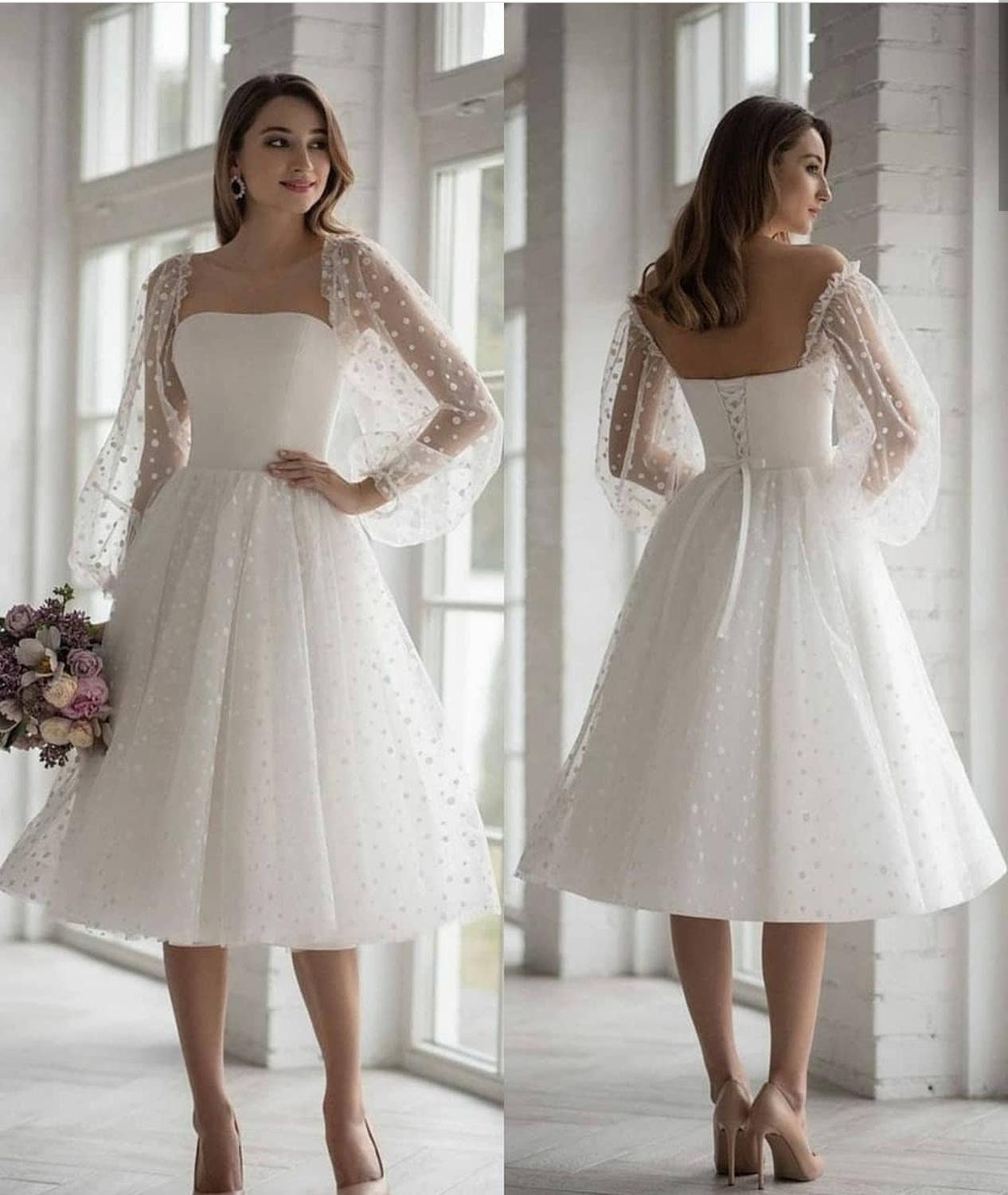 Simple White Wedding Dress Long Sleeve Ankle Length Short Etsy