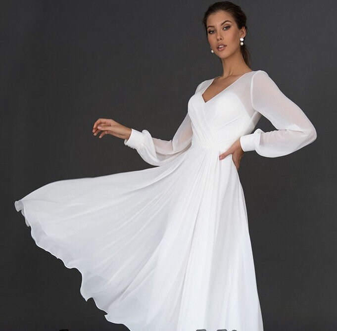 Long Sleeves Wedding Dress Tea Length Chiffon Dress Casual Etsy