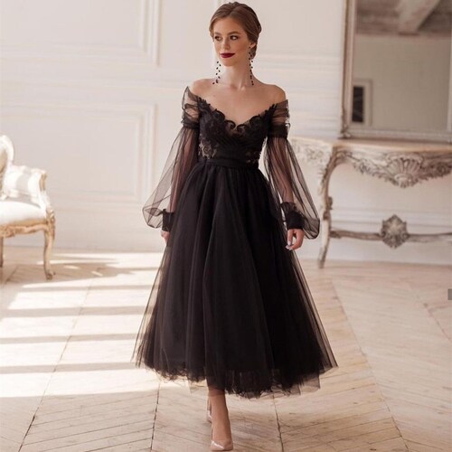 Tulle Black Dress Long Sleeve Prom Gown 