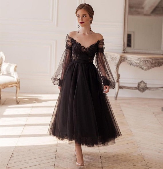 Inflar pasta de repuesto Vestido negro de tul vestido de fiesta de manga larga encaje - Etsy España