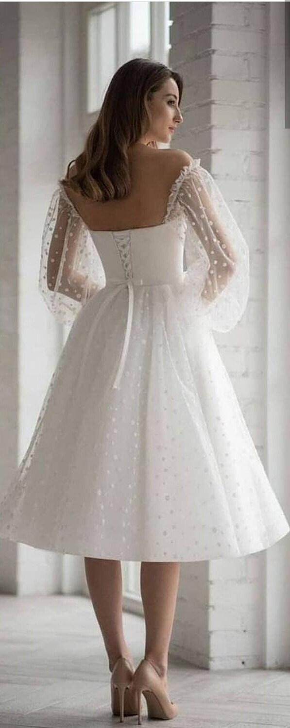 Simple White Wedding Dress Long Sleeve Ankle Length Short - Etsy