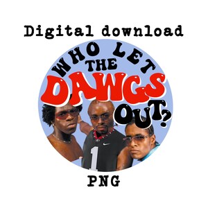 Puede incluir: Gráfico de descarga digital con tres hombres con gafas de sol, con el texto "WHO LET THE DAWGS OUT?" en una fuente retro. La imagen es un archivo PNG.