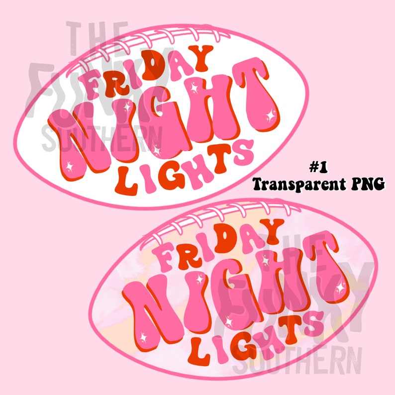Peut inclure: Deux designs blancs en forme de ballon de football avec du texte rose et orange qui dit "Friday Night Lights" avec des accents de paillettes. Le design du haut a "The Southern" en texte plus petit au-dessus du texte principal. Le design du bas a "Southern" en texte plus petit en dessous du texte principal.