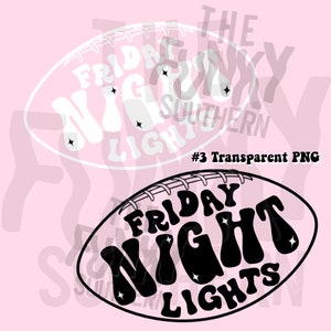 Peut inclure: Design graphique noir et blanc d'un ballon de football avec le texte "FRIDAY NIGHT LIGHTS" dans une police r&eacute;tro. Le ballon de football a des coutures blanches et un contour blanc.