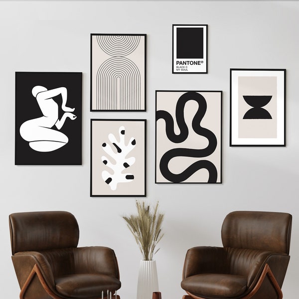 Modern Gallery Wall Set of 6, Minimalist Poster Set, Digital Download, Abstract Printable Art, Neutral Monochrome Art, Black and White