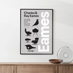 Eames Stühle und Vogel Druck, Retro Möbel Poster, Mid Century Modern Vintage Druck, schwarz & weiß druckbare Kunst, digitaler Download
