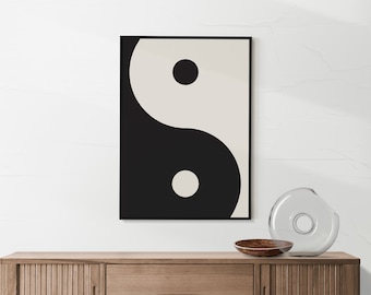 Könnte beinhalten: Ein gerahmter Druck eines Yin-Yang-Symbols in Schwarzweiß. Das Symbol ist ein Kreis mit zwei Hälften, eine schwarz und eine weiß, jede mit einem kleineren Kreis der gegenüberliegenden Farbe.