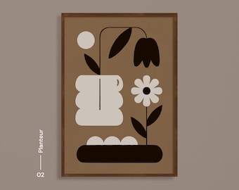 Minimalist Floral Art Print: Beige Black Scandinavian Decor (Digital Download)