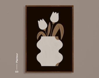 Floral Vase Art Print: Minimalist Beige & Black (Digital Download)