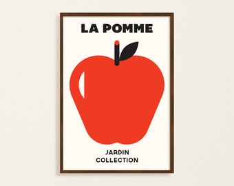 La Pomme Minimalist Print, Retro Fruit Poster, Apple Mid Century Modern Print, Black Red White Printable Art, Kitchen Wall, Digital Download