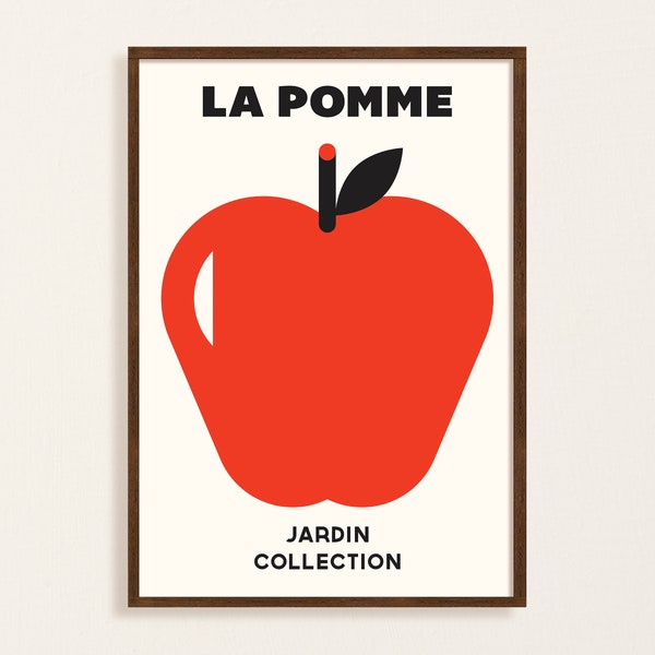 La Pomme Minimalist Print, Retro Fruit Poster, Apple Mid Century Modern Print, Black Red White Printable Art, Kitchen Wall, Digital Download