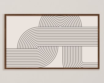 Könnte beinhalten: Ein schwarz-weißer abstrakter geometrischer Druck mit minimalistischem Design. Der Druck zeigt sich überlappende konzentrische Kreise und Linien, die einen modernen und stilvollen Look erzeugen.