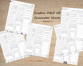 DnD 5e Custom Character Sheets - Set of 6 - Printable Unique Character Sheets PNG/PDF