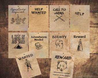 Customizable Bounty Job Board Posters for D&D Pathfinder Fantasy Tabletop Games Wanted Reward - 10 Printable PDF and JPG Files