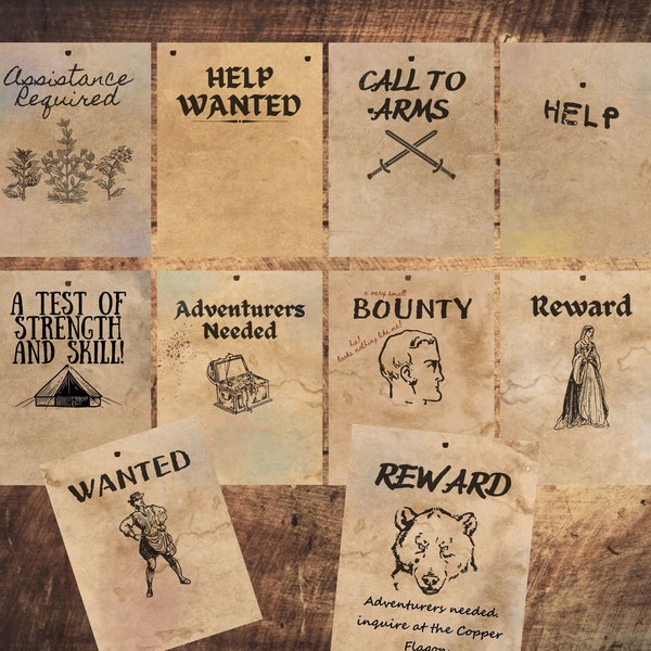 Customizable Bounty Job Board Posters for D&D Pathfinder Fantasy Tabletop Games Wanted Reward - 10 Printable PDF and JPG Files