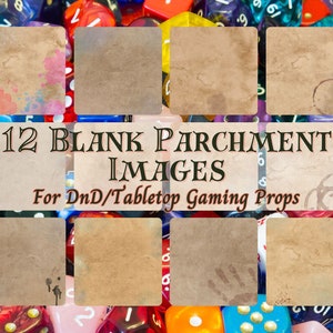 May include: Twelve blank parchment images for tabletop gaming props. The images are surrounded by colorful dice.