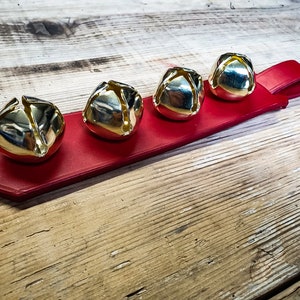 Hand Made English Leather Christmas Hanging Door Bells, Jingle Sleigh Bells on Red Leather Hanging Decorations for Walls, Doors and Windows