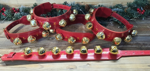 Santa Red English Leather Reindeer Collars With Sleigh Bells