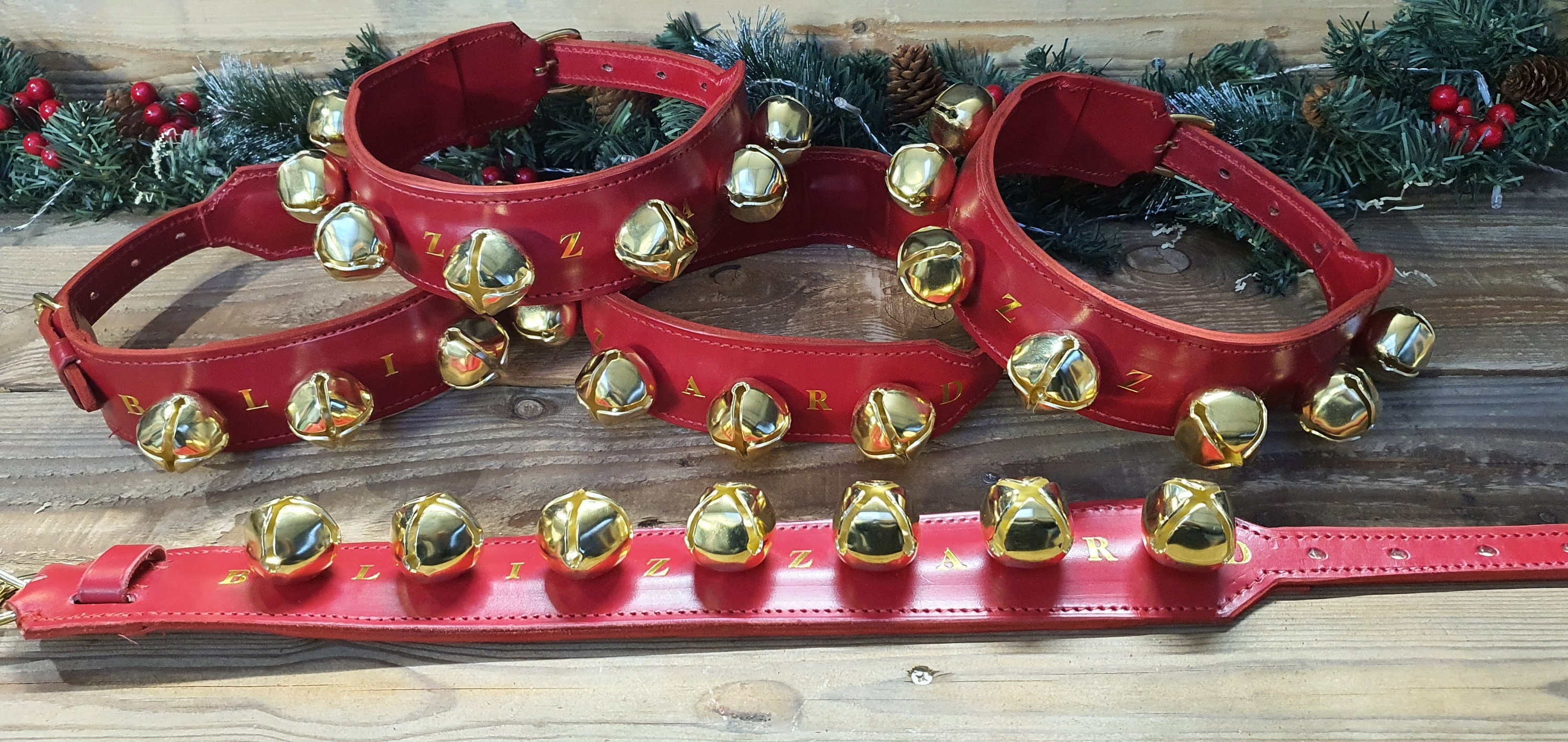 Santa Red English Leather Reindeer Collars With Sleigh Bells