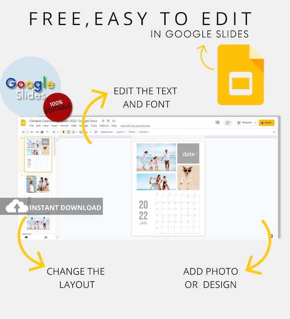 Editable Calendar Template 2022 100% Google Slides - Etsy