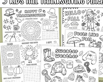 Thanksgiving Kids Placemat Activity Bundle: Fall Coloring Pages (PDF)