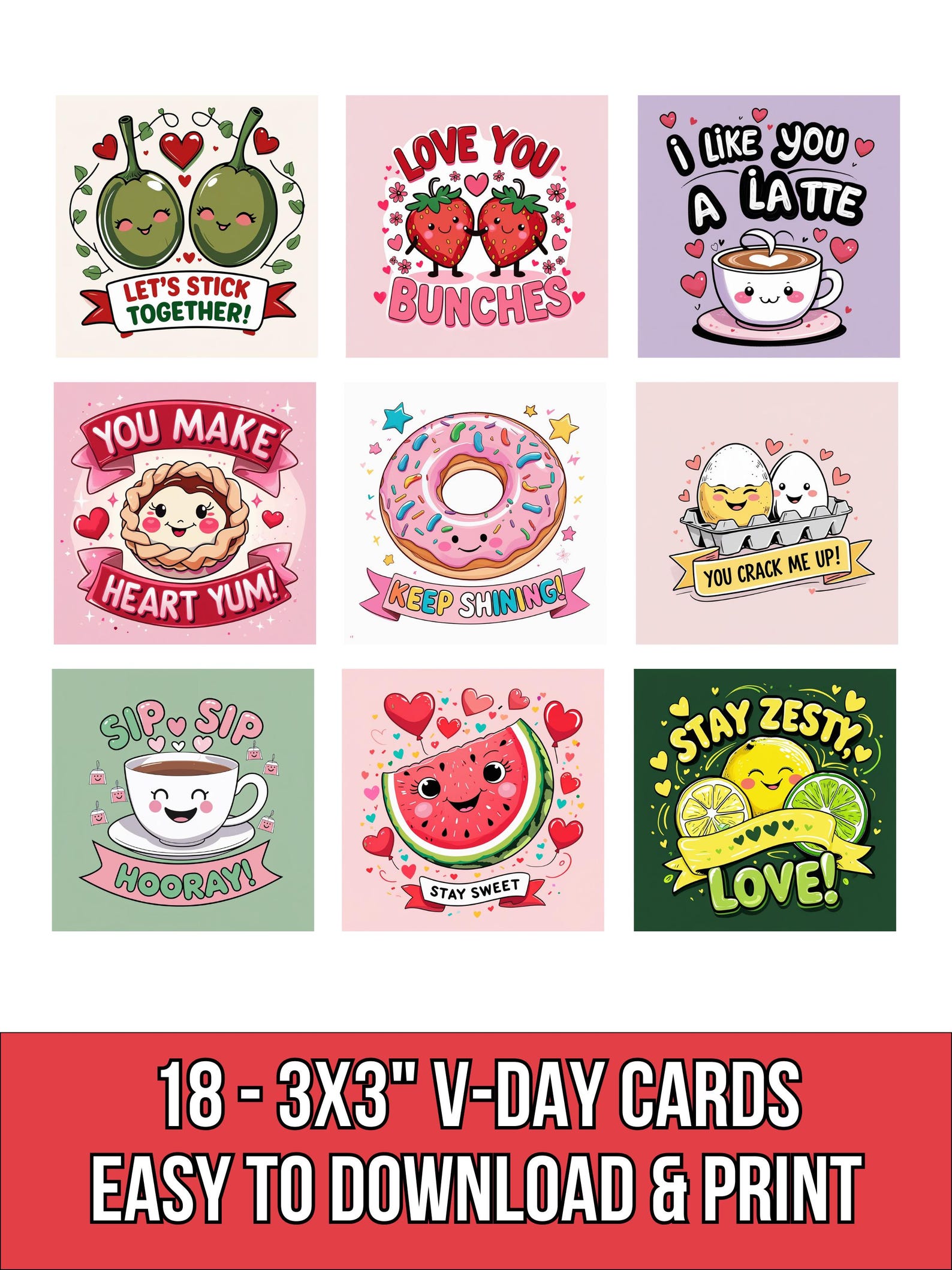 Cute Food Pun Cards for Kids, Classroom Printable Valentine Cards ...