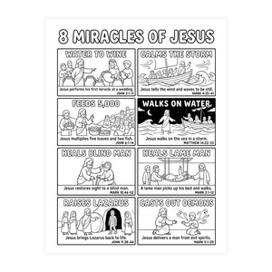 Christian Coloring Pages for Kids | 8 Miracles of Jesus Scripture Sheets (Digital Download)
