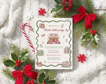 Editable Christmas Book Club Party Invitation Template, Holiday Book Club Invite Printable, Cozy Cocoa Party Instant Download Canva Template