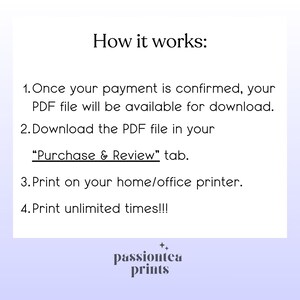 Puede incluir: Gr&aacute;fico blanco con el texto "How it works:" e instrucciones numeradas sobre c&oacute;mo descargar e imprimir un archivo PDF. El gr&aacute;fico incluye el texto "passiontea prints" en la parte inferior.