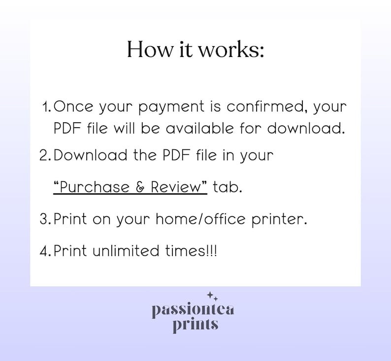 Puede incluir: Gr&aacute;fico blanco con el texto "How it works:" e instrucciones numeradas sobre c&oacute;mo descargar e imprimir un archivo PDF. El gr&aacute;fico incluye el texto "passiontea prints" en la parte inferior.
