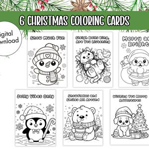 6 Christmas Coloring Cards, Printable Holiday Card for Kids, Holiday Craft, Christmas Card Set, Classroom Holiday Activity, Penguin Bear Cat