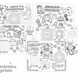 Puede incluir: Una colecci&oacute;n de hojas de actividades en blanco y negro con temas de oto&ntilde;o. Las hojas presentan laberintos, conecta los puntos, b&uacute;squedas de palabras y p&aacute;ginas para colorear con ilustraciones y textos relacionados con el oto&ntilde;o como "Happy Thanksgiving" y "Hello Fall".