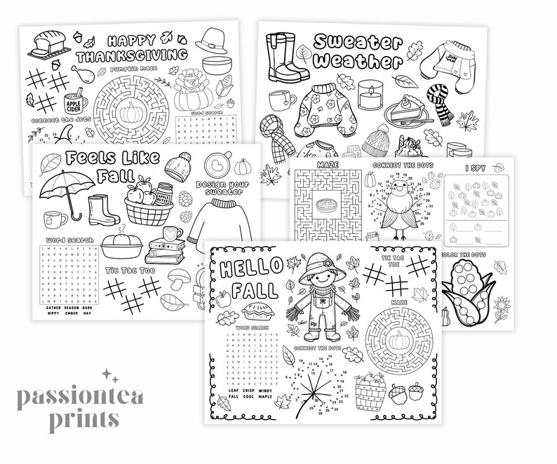Puede incluir: Una colecci&oacute;n de hojas de actividades en blanco y negro con temas de oto&ntilde;o. Las hojas presentan laberintos, conecta los puntos, b&uacute;squedas de palabras y p&aacute;ginas para colorear con ilustraciones y textos relacionados con el oto&ntilde;o como "Happy Thanksgiving" y "Hello Fall".