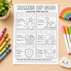 May include: A white educational worksheet titled Names of God Learning Who God Is, featuring six sections with dotted text for tracing. Each section includes a religious theme, a Bible verse, and a line drawing of a globe, sheep, basket, heart, shield, or hands.