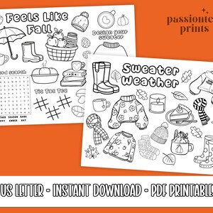 Puede incluir: Dos hojas imprimibles en blanco y negro con ilustraciones tem&aacute;ticas de oto&ntilde;o. Una hoja dice "Feels Like Fall" e incluye una b&uacute;squeda de palabras, tic-tac-toe y dibujos de art&iacute;culos de oto&ntilde;o. La otra hoja dice "Sweater Weather" y tiene dibujos de su&eacute;teres y hojas.