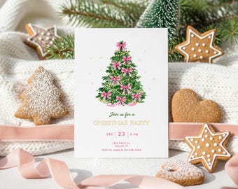Editable Christmas Party Invitation Template with Pink Bow Tree Watercolor, Holiday Party Invite, Printable Christmas Dinner Friendsmas