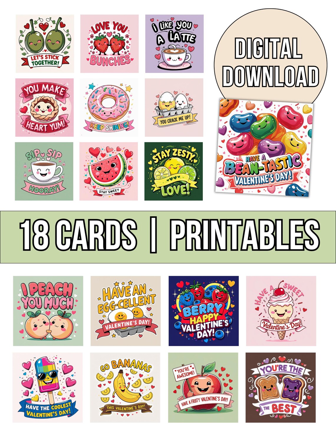 Cute Food Pun Cards for Kids, Classroom Printable Valentine Cards ...
