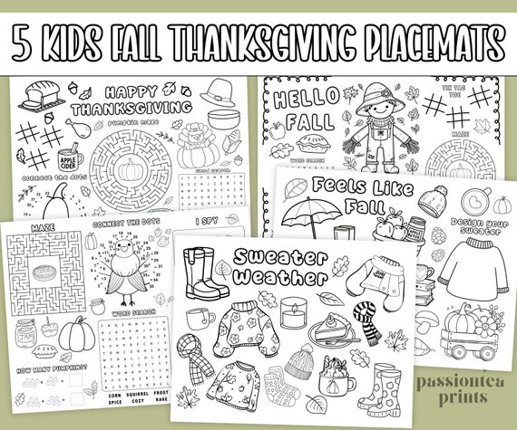 Thanksgiving Kids Placemat Activity Bundle: Fall Coloring Pages (PDF)