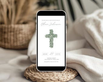 Greenery Cross Baptism Invitation Template: Editable Christening Evite (Digital Download), BS13