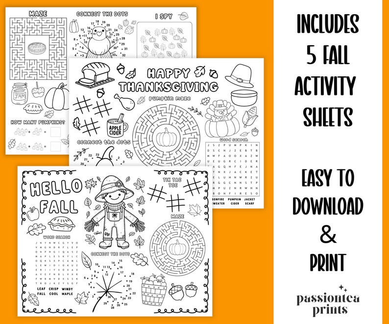 Puede incluir: Hojas de actividades imprimibles en blanco y negro con laberintos, conecta los puntos y juegos de b&uacute;squeda con tem&aacute;tica oto&ntilde;al. Las hojas incluyen el texto "HELLO FALL" y "HAPPY THANKSGIVING". F&aacute;ciles de descargar e imprimir.
