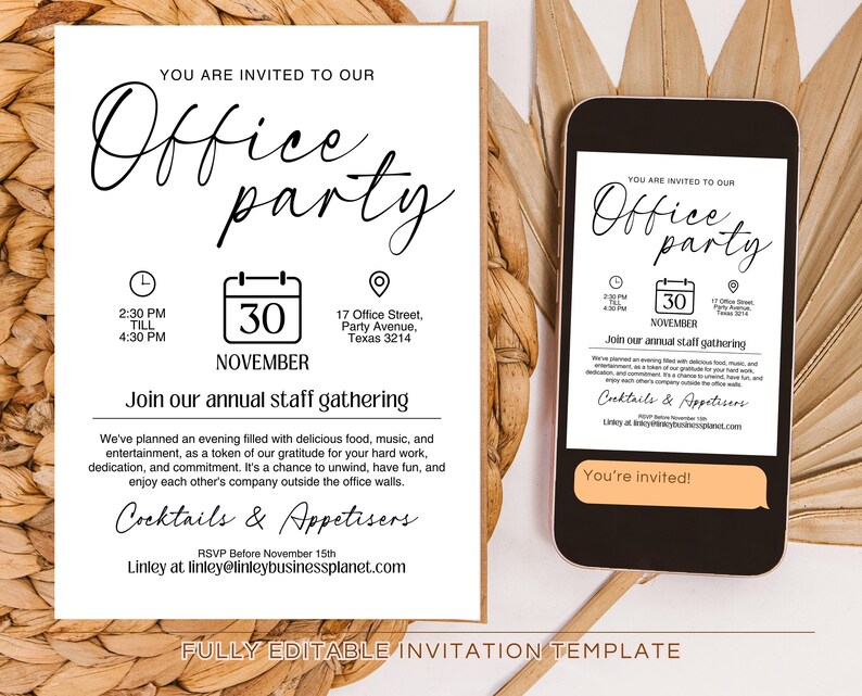 Editable Minimalist Office Party Invitation Template Business Etsy