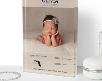 Personalized Baby Name Photo Block, Newborn Keepsake Acrylic Birth Announcement with Stats