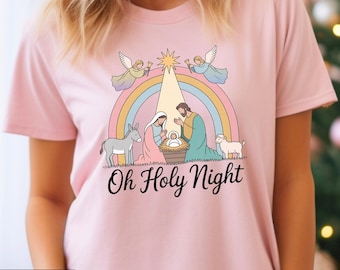 Oh Holy Night Nativity Rainbow T-Shirt | Christmas Religious Tee