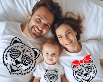 Family Bear Matching T-Shirts Set - Daddy Bear, Mama Bear, Baby Bear Graphic Tees with Cute Bear Faces - Coordinated White Family Outfit