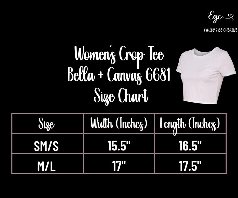 Puede incluir: Tabla de tallas para una camiseta corta de mujer, Bella + Canvas 6681. La tabla muestra el ancho y la longitud en pulgadas para las tallas SM/S y M/L.