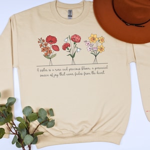 Personalized Sister Sweatshirt with Name on Sleeve Personalized Birth Flower Sweatshirt Gift for Sister Sis Sweater Custom Sister Hoodie