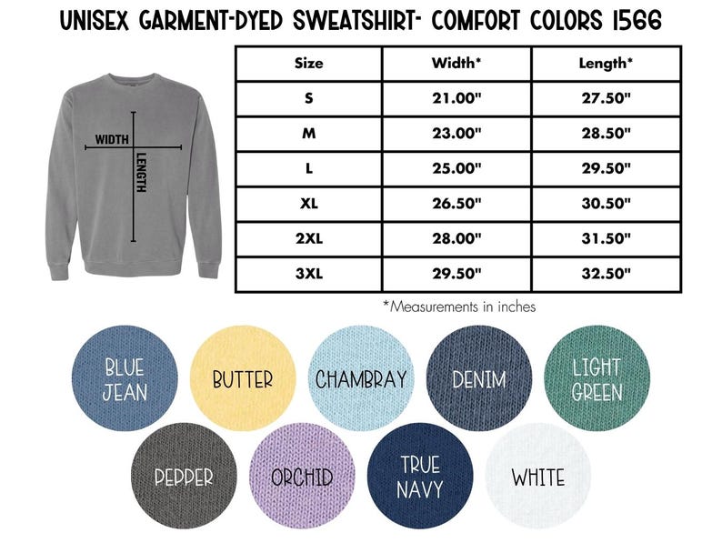 Peut inclure: Un sweat-shirt unisexe teint en pi&egrave;ce gris avec des options de taille et de couleur. L'image comprend un tableau des tailles avec des mesures en pouces et des &eacute;chantillons de couleurs &eacute;tiquet&eacute;s Blue Jean, Butter, Chambray, Denim, Light Green, Pepper, Orchid, True Navy et White.