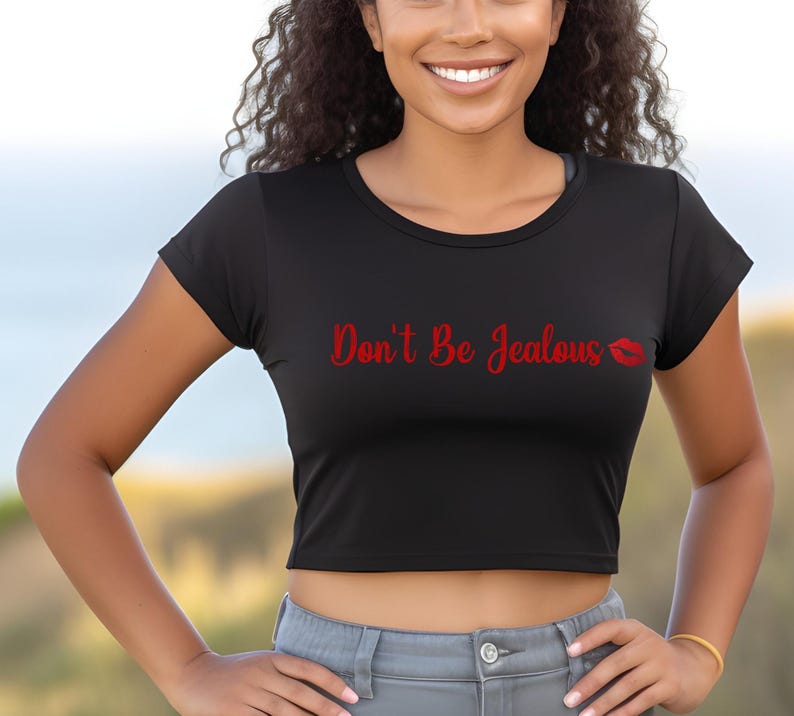 Puede incluir: Un top corto negro con mangas cortas y el texto "Don't Be Jealous" en rojo con una impresi&oacute;n de l&aacute;piz labial rojo.