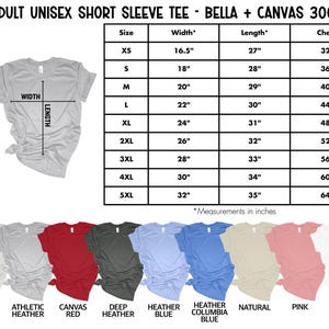 May include: An image showcasing a size chart for adult unisex short sleeve tees, with measurements in inches. The chart includes sizes XS to 5XL, detailing width, length, and chest dimensions. Various shirt colors are displayed at the bottom, including ash, athletic heather, and canvas red.