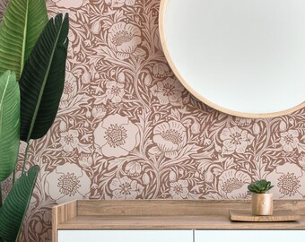 Damask Wallpaper | Botanical Floral Wallpaper | Poppy Flower Design on Black | Modern Print Removable Wallpaper